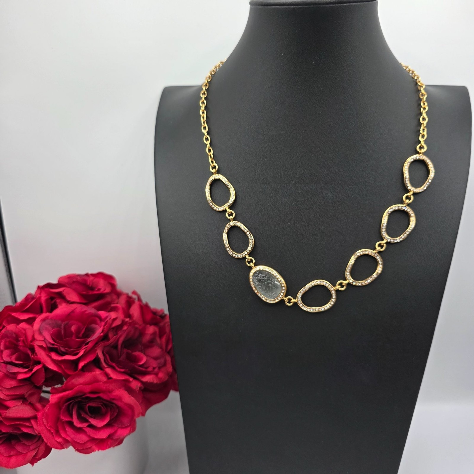Kara Ross Gold Tone Gemstone Crystal Oval Link Necklace Jewelry Stone Accent